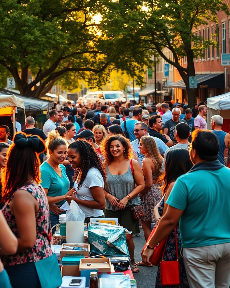 Neighbors gathered around vendor tables at an outdoor community event