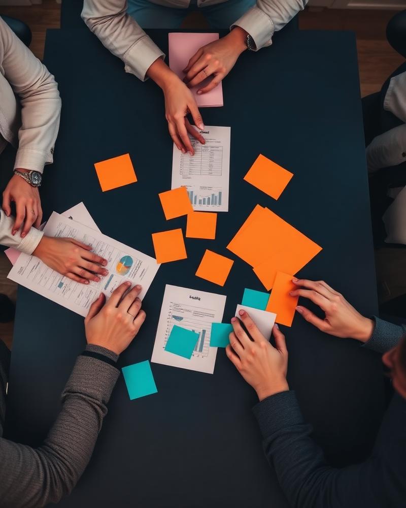 A team arranging plans and charts across a table during a working session